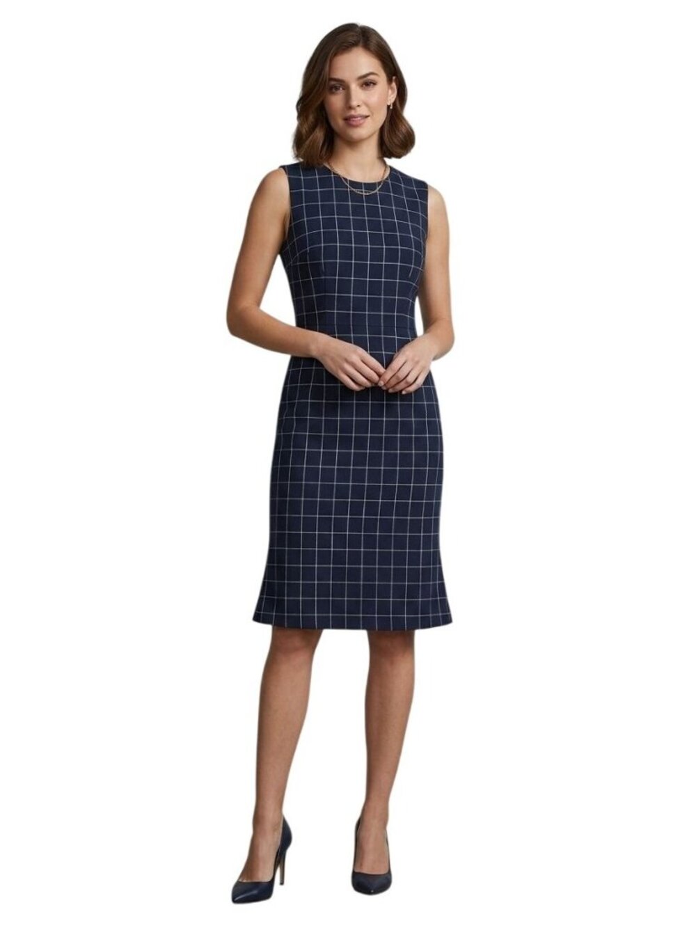 Ann Taylor Sheath Dress Size 6 Navy Windowpane Grid Pattern Sleeveless